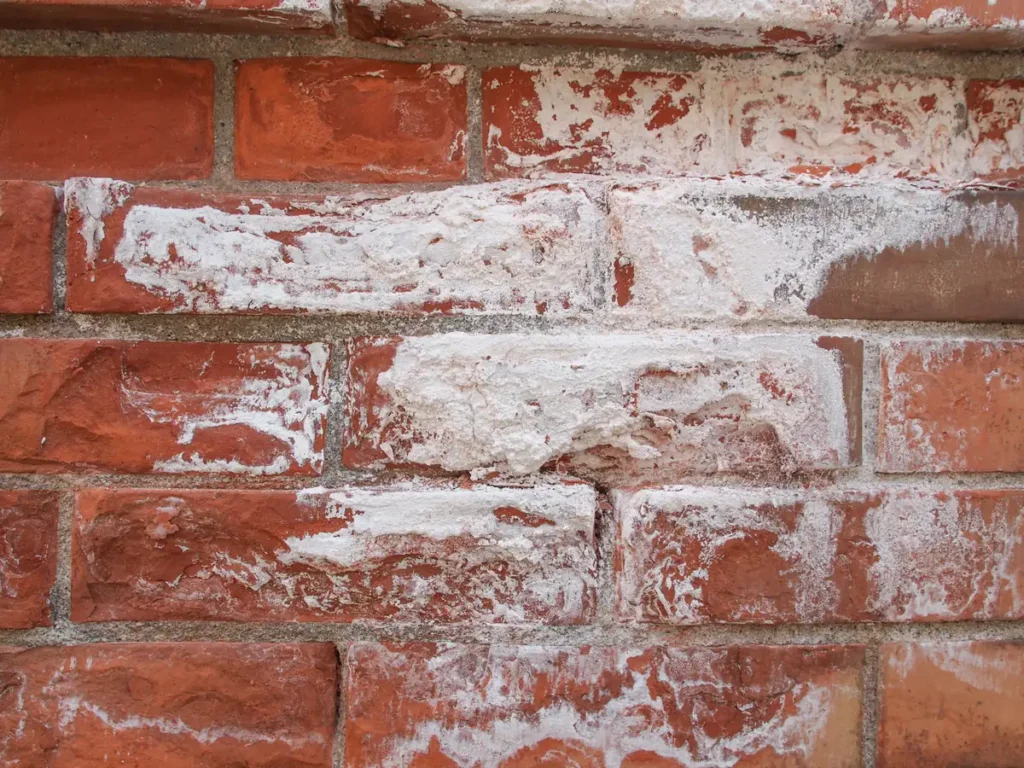 Traitement humidité mur Armentières : briques rouges couvertes de salpêtre blanc sur une maison ancienne du Nord 59280