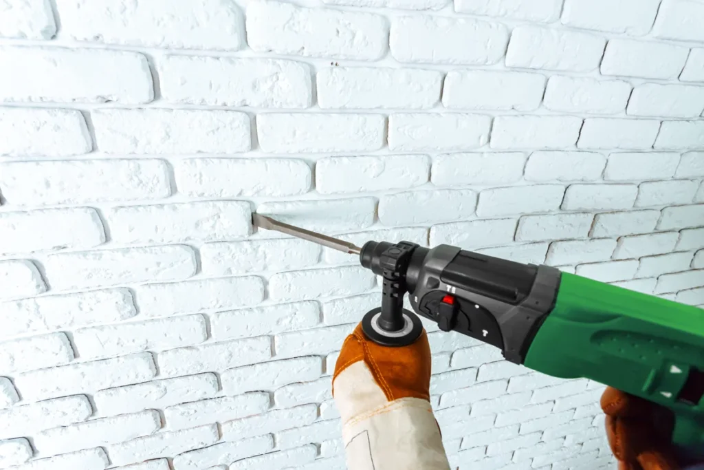 Perçage à la base d'un mur en briques pour une injection hydrofuge contre les remontées capillaires, traitement humidité mur Armentières